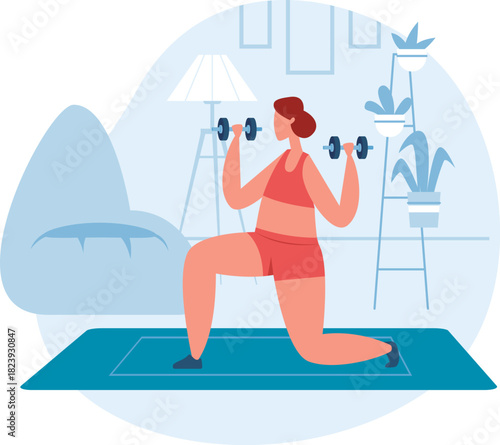 Woman exercising at home doing fitness workout with dumbbells