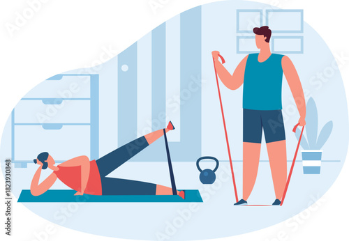 Couple doing home workout using resistance bands