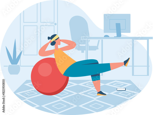 Woman exercising at home doing fitness on stability ball