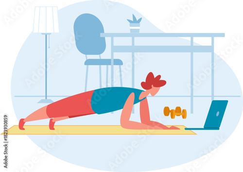Person doing plank exercise watching online workout at home