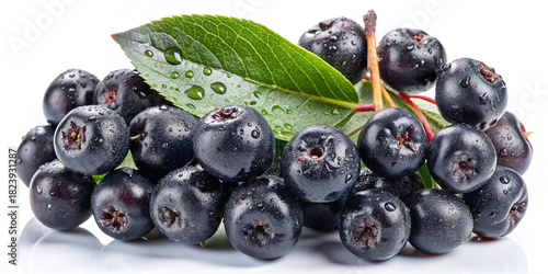 Fresh aronia berries with vibrant green leaf, water droplets