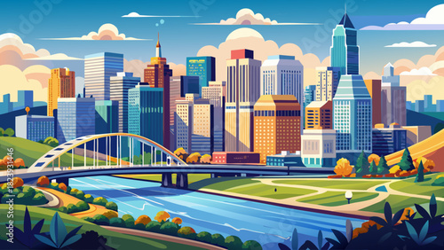 Very beautiful view of downtown Pittsburgh, Pennsylvania, featuring its modern skyline, iconic bridges, and riverside cityscape, captured in a clean, semi-realistic style suitable for stock or vector 