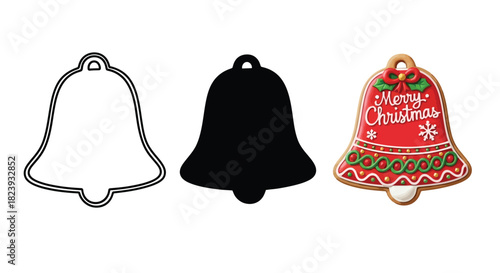 Christmas bell outline, silhouette, and decorated gingerbread cookie with festive icing