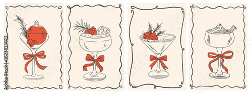 Hand drawn Christmas cocktails set. Elegant Xmas design in trendy retro whimsical hand drawn doodle style with frame, champagne, wine, ribbon and bow. Vector New year greeting cards, banner, poster