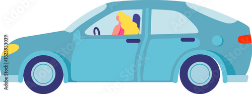 Woman driving small blue car on road