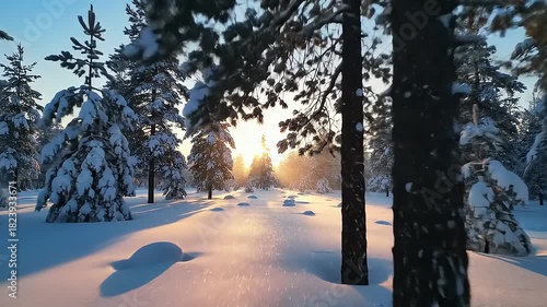A wide-angle,slow-motion tracking shot gliding through a serene,snow-covered winter forest at dawn,with golden sunlight illuminating the pristine snow and frosted trees