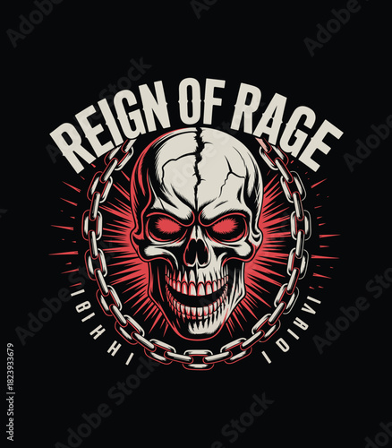 Skull design reign of rage graphic tee biker skull chain death metal horror skeleton artwork vector art t-shirt design