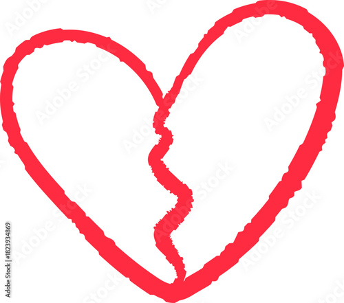 Hand drawn red heart outline breaking apart