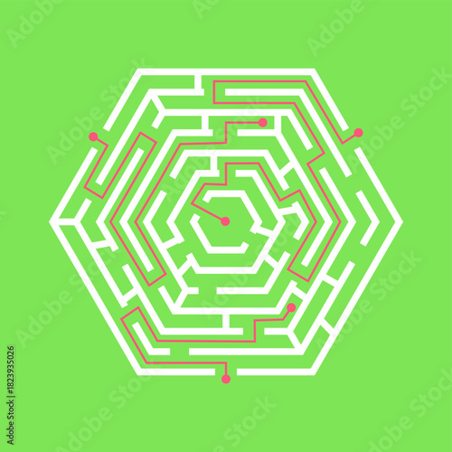 Hexagonal maze finding solution path strategy