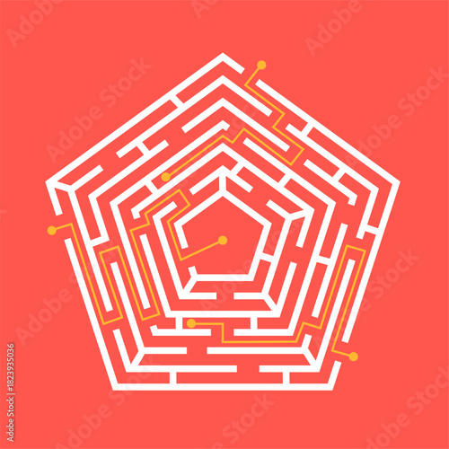 Pentagon maze finding a solution with a yellow path