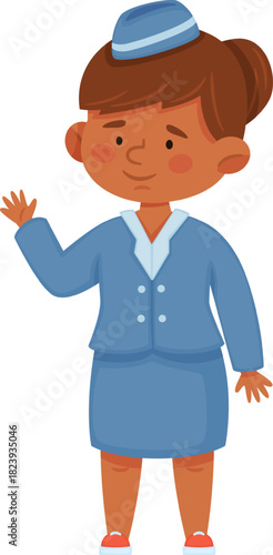 Young girl wearing a uniform and hat, standing and waving