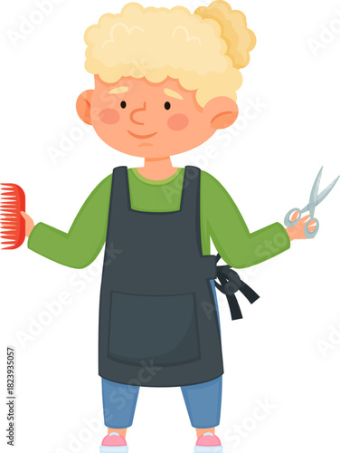 Hairdresser character holding comb and scissors for styling