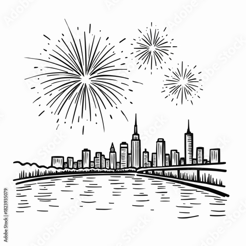Fireworks over river near city skyline with tall buildings in sketchy doodle style  