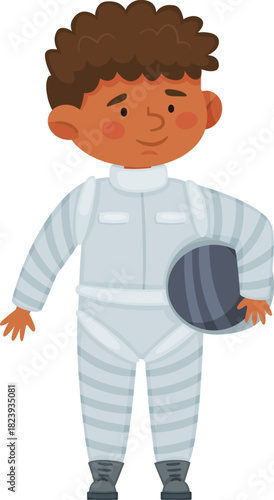 Smiling african american boy in astronaut suit holding helmet