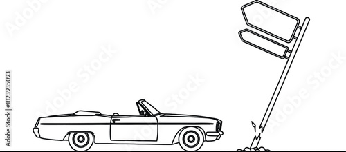 Line art of a convertible car and a signpost