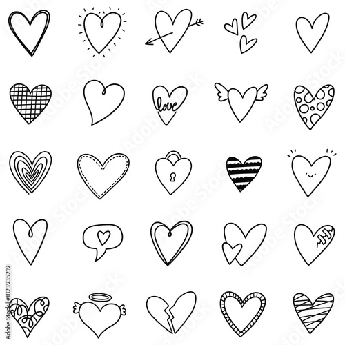 Hand-drawn doodle set of hearts on a white background.