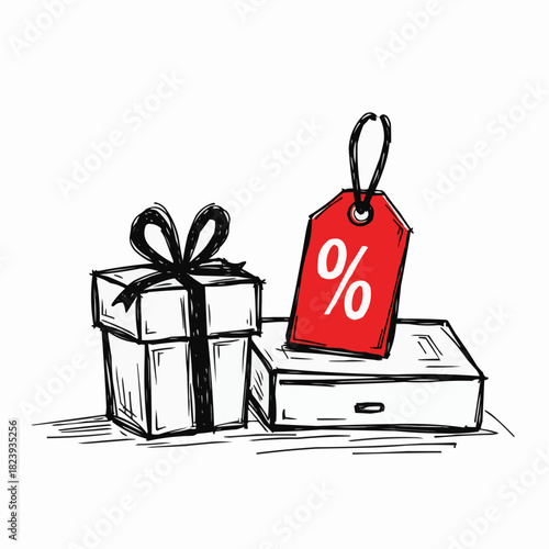 Red discount tag attached to gift box near cash register in sketchy doodle style  