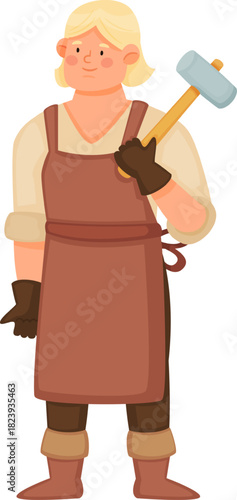 Blonde worker holding large hammer tool