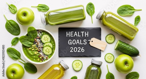 Health Goals 2026 Green Smoothie Detox Diet Vegetables Fruit Concept