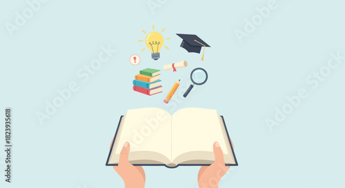 Hands holding an open book with education and learning symbols floating above it.