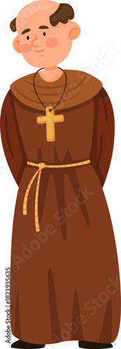 Christian monk character wearing brown habit and cross