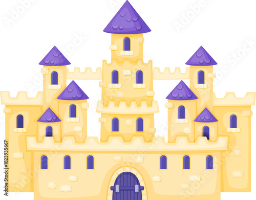 Fairytale castle building with purple roofs and a gate