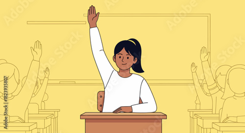 Female student raising her hand in class with other students, in a classroom scene.