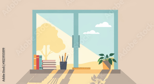 Window with books, pencils, ruler, and potted plant on a sill in flat vector design.
