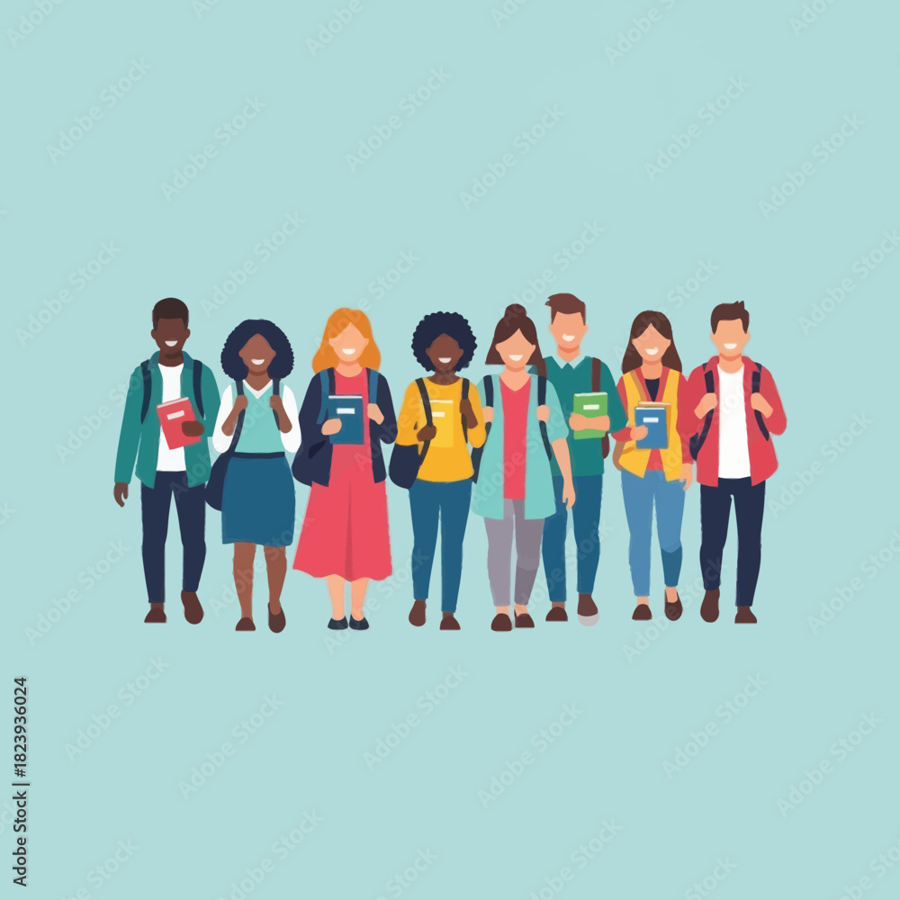 Fototapeta premium Diverse group of students with backpacks and books walking together. Education concept.