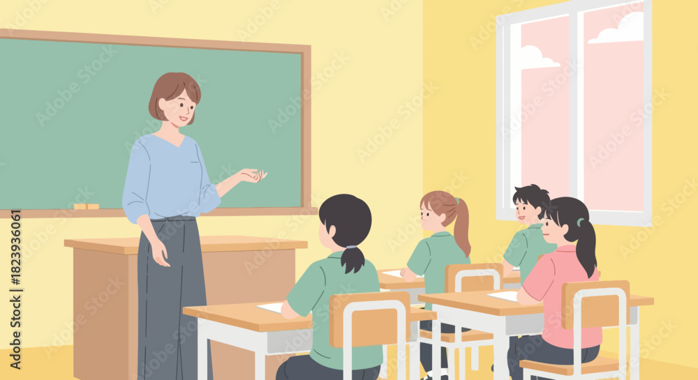 Fototapeta premium Woman teacher teaching students in classroom with chalkboard. Education concept vector.