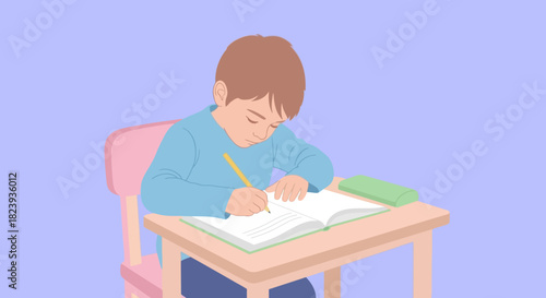 Concentrated young boy sitting at desk, writing in notebook with pencil in hand.