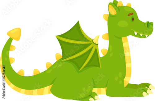 Green cartoon baby dragon lying down smiling happily