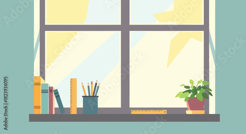 Window with books, ruler, pencils and plant in a pot on the windowsill, cozy vector illustration.