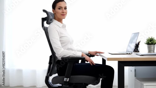 Young Woman Adjusting Ergonomic Office Chair for Proper Posture at Desk.
