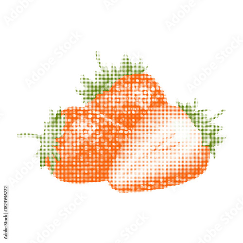 Halftone illustration of whole and sliced strawberries in bright tones. Fresh fruity design symbolizing sweetness, summer flavor, vitamins and healthy nutrition.