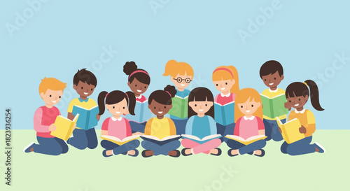 Group of diverse children sitting in circle reading books together. Early education concept.