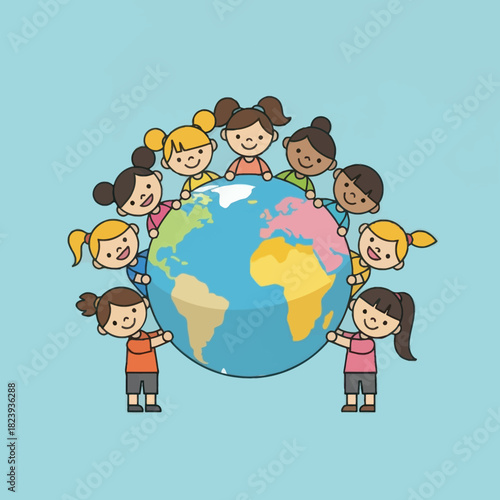 Diverse girls surrounding the earth globe. Unity, global awareness, and cooperation concept.
