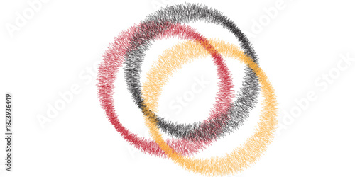 An abstract, minimalist digital illustration on a stark white background featuring three loosely overlapping and intertwined circular or elliptical shapes, each composed of a dense cluster of short, f