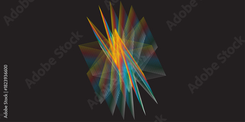 A vibrant geometric light sculpture made of overlapping multicolor linear grids and sharp triangular beams, radiating neon hues of yellow, orange, blue, red, and green, forming a dynamic clustered str