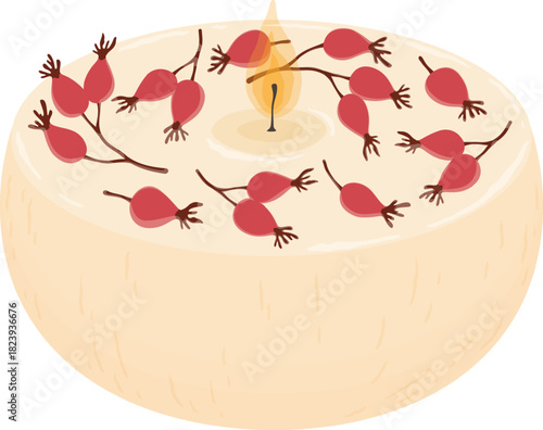 Burning candle with decorative rose hips for autumn season