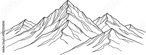 Hand drawn mountain range illustration in black and white
