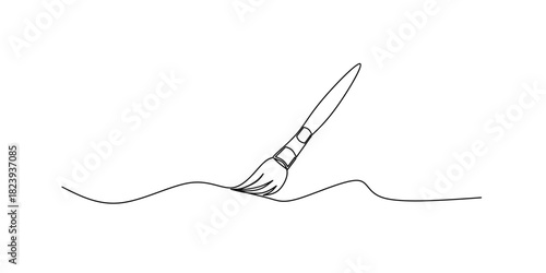 Paint brushes continuous one line drawing. Isolated on white background vector, Continuous one line drawing vector illustration, brush and painting palette one line drawing.