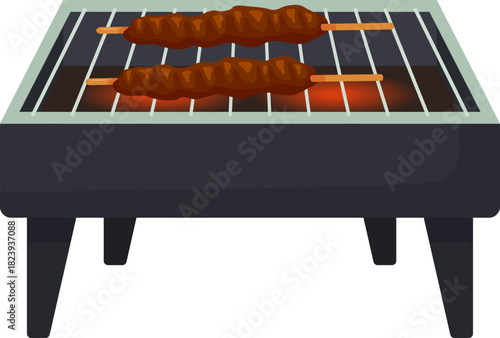 Grilling skewers with meat cooking on barbecue