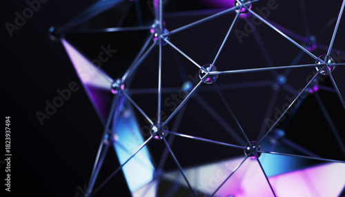 Fototapeta Naklejka Na Ścianę i Meble -  Neon glass dots and connected metal lines on black 3d background. Abstract wireframe sphere of geometric triangle shapes, crystal beads. Polygon mesh with bright blue purple gradient. 3D illustration