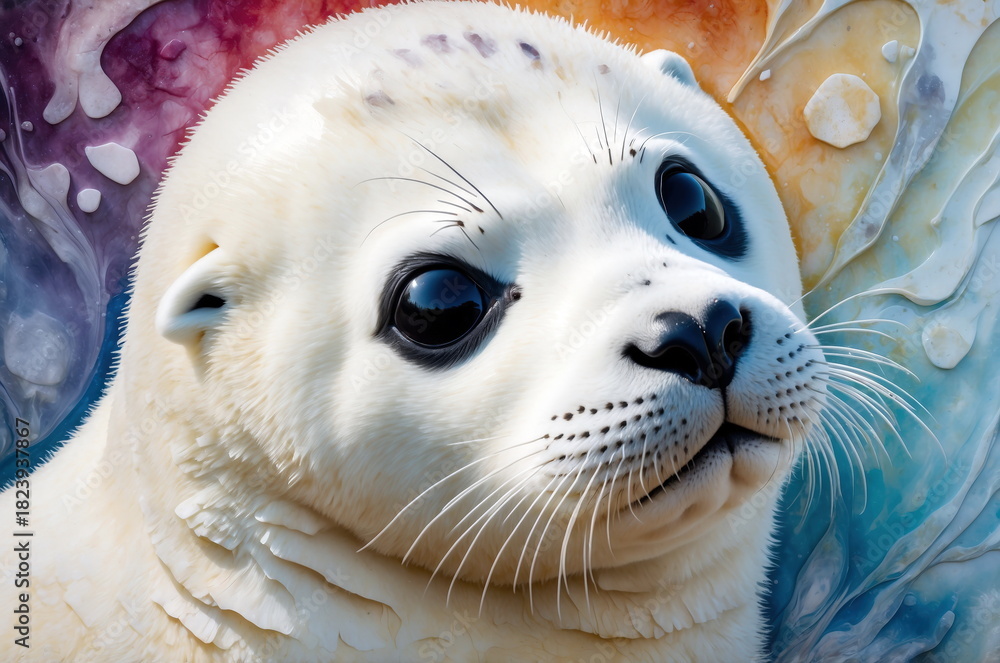 Naklejka premium Cute seal pup posing against a colorful abstract background at a marine sanctuary on a sunny day