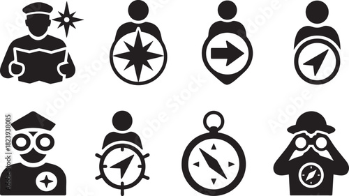 Silhouette navigator icon set featuring map tools, pointers, and direction symbols for guides.