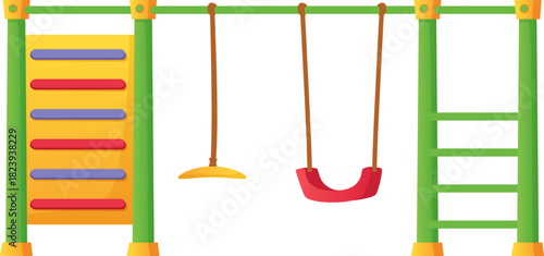 Kids playground equipment featuring swings and climbing wall