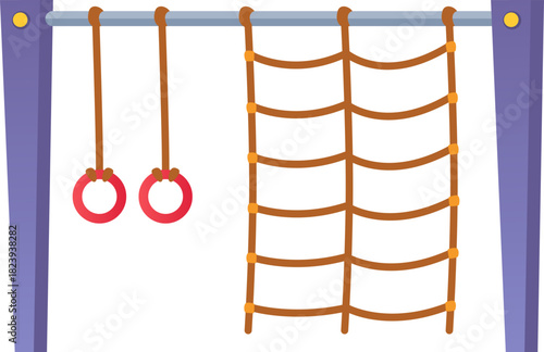 Playground equipment with climbing net and gymnastic rings