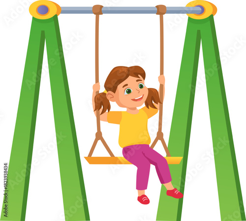 Little girl swinging happily on a playground swing