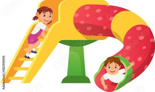 Children playing, climbing, and sliding on playground equipment